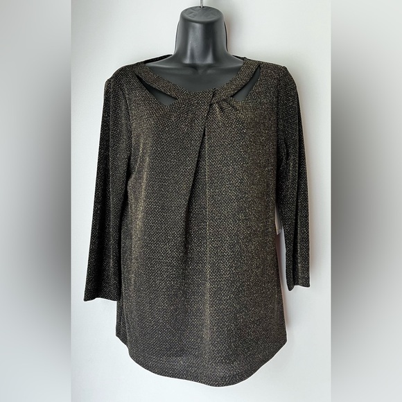 NWT Kasper Metallic Shimmer Black & Gold Petite Twist Neck Knit Top Size Med PM - Picture 2 of 15
